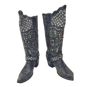 Vintage Ferrini Women's Size 6 Black Leather Studded Western‎ Boots